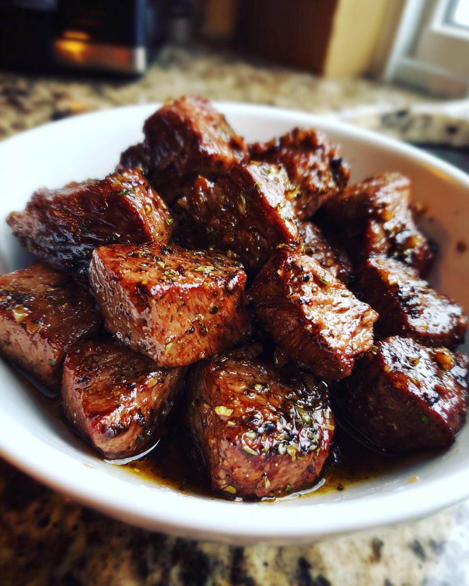 Close-up of tender, juicy crockpot steak bites seasoned with herbs, served in a white bowl.
