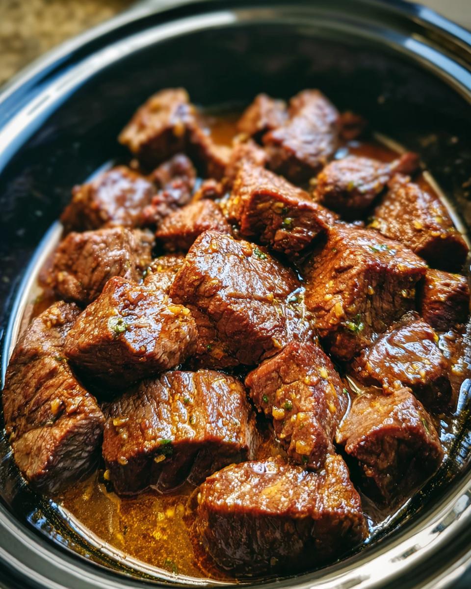 Close-up of tender, cubed crockpot steak simmering in a rich, savory sauce inside a slow cooker insert.