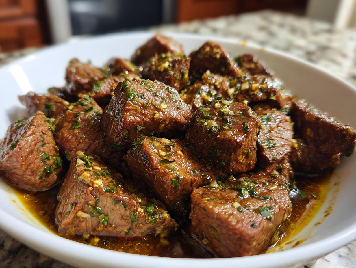 Close-up of tender, cubed crockpot steak bites coated in a savory garlic and herb sauce.