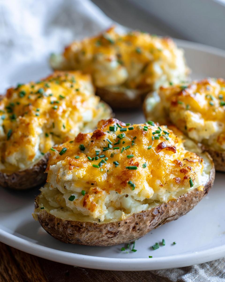 Four servings of perfectly golden Twice baked potatoes stuffed with creamy filling and topped with melted cheddar cheese and fresh chives.