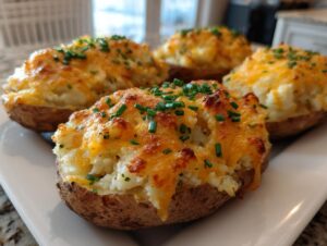 Four golden brown twice baked potatoes stuffed with creamy filling, topped with melted cheddar cheese and fresh chives.