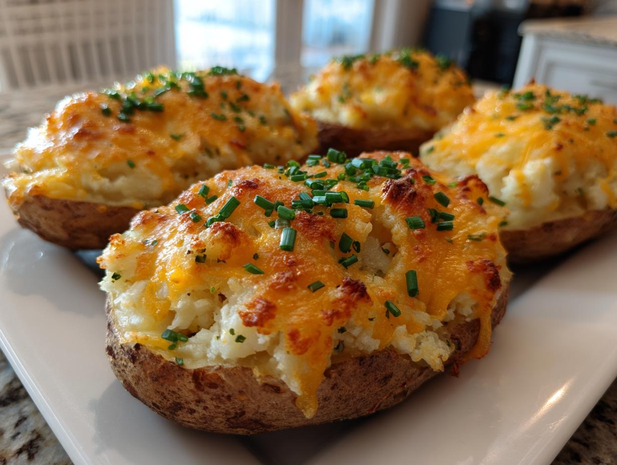 Four golden brown twice baked potatoes stuffed with creamy filling, topped with melted cheddar cheese and fresh chives.