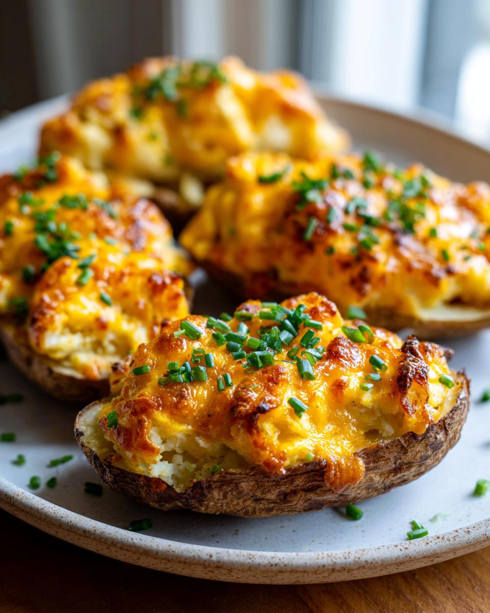 Close-up of four cheesy, golden-brown twice baked potatoes topped with fresh green chives on a ceramic plate.