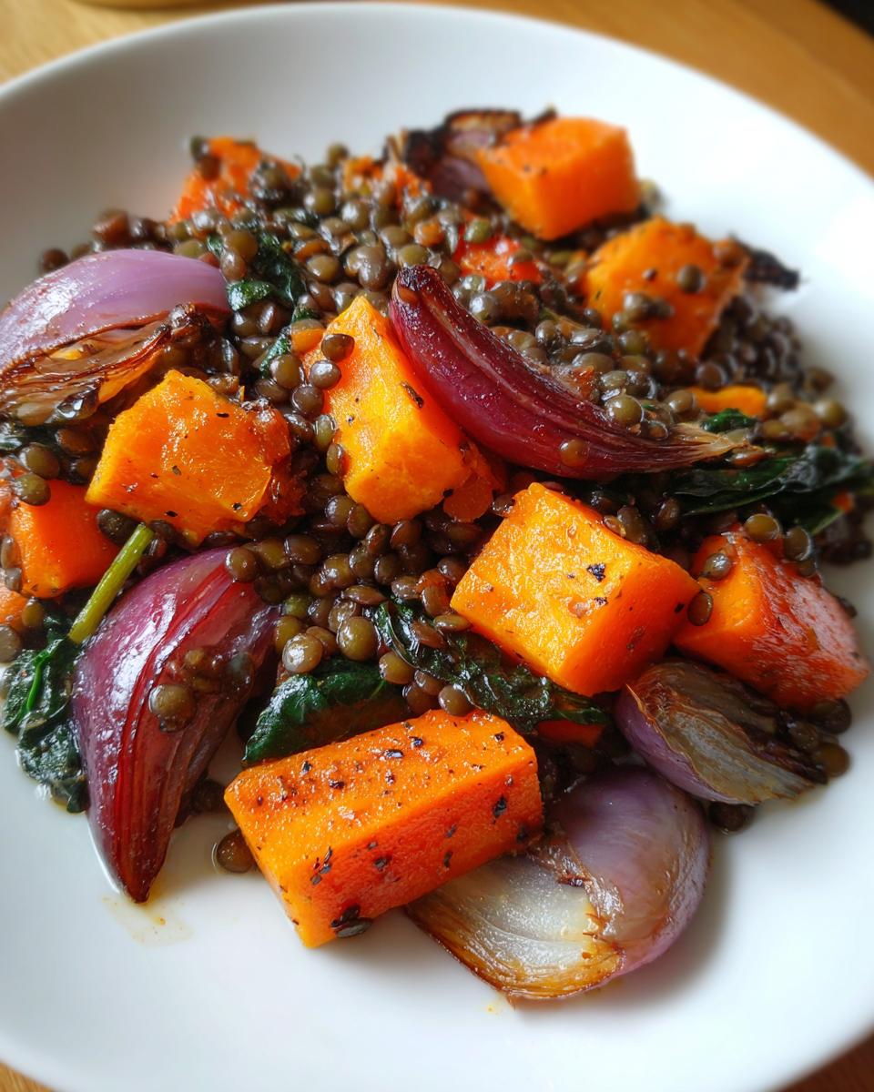 Close-up of a hearty veggie lentil salad featuring roasted butternut squash cubes and caramelized red onions.