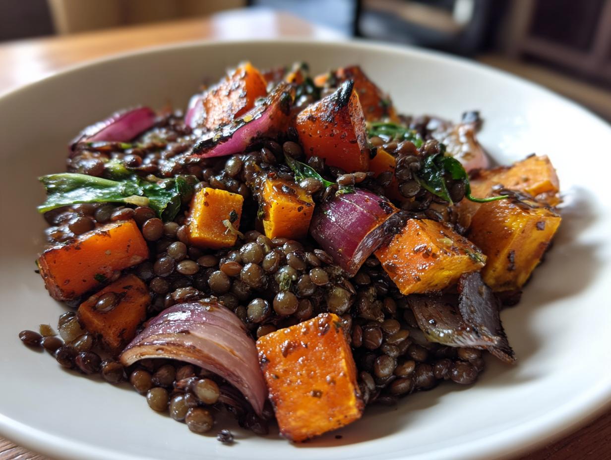 A close-up of a hearty veggie lentil salad featuring black lentils, roasted orange squash cubes, and red onion wedges.