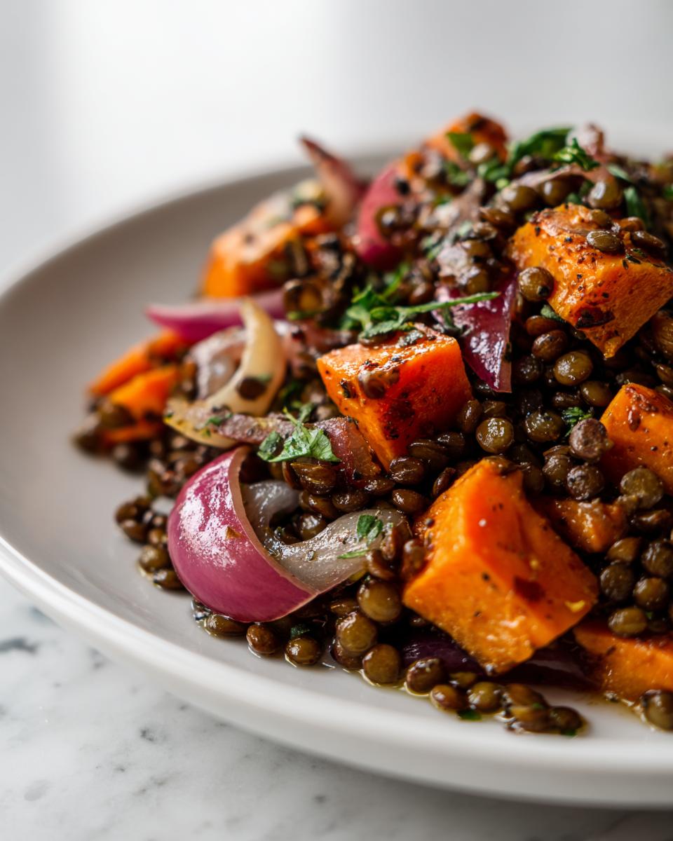 Close-up of a hearty veggie lentil salad featuring dark lentils, roasted orange sweet potato chunks, and slices of red onion.