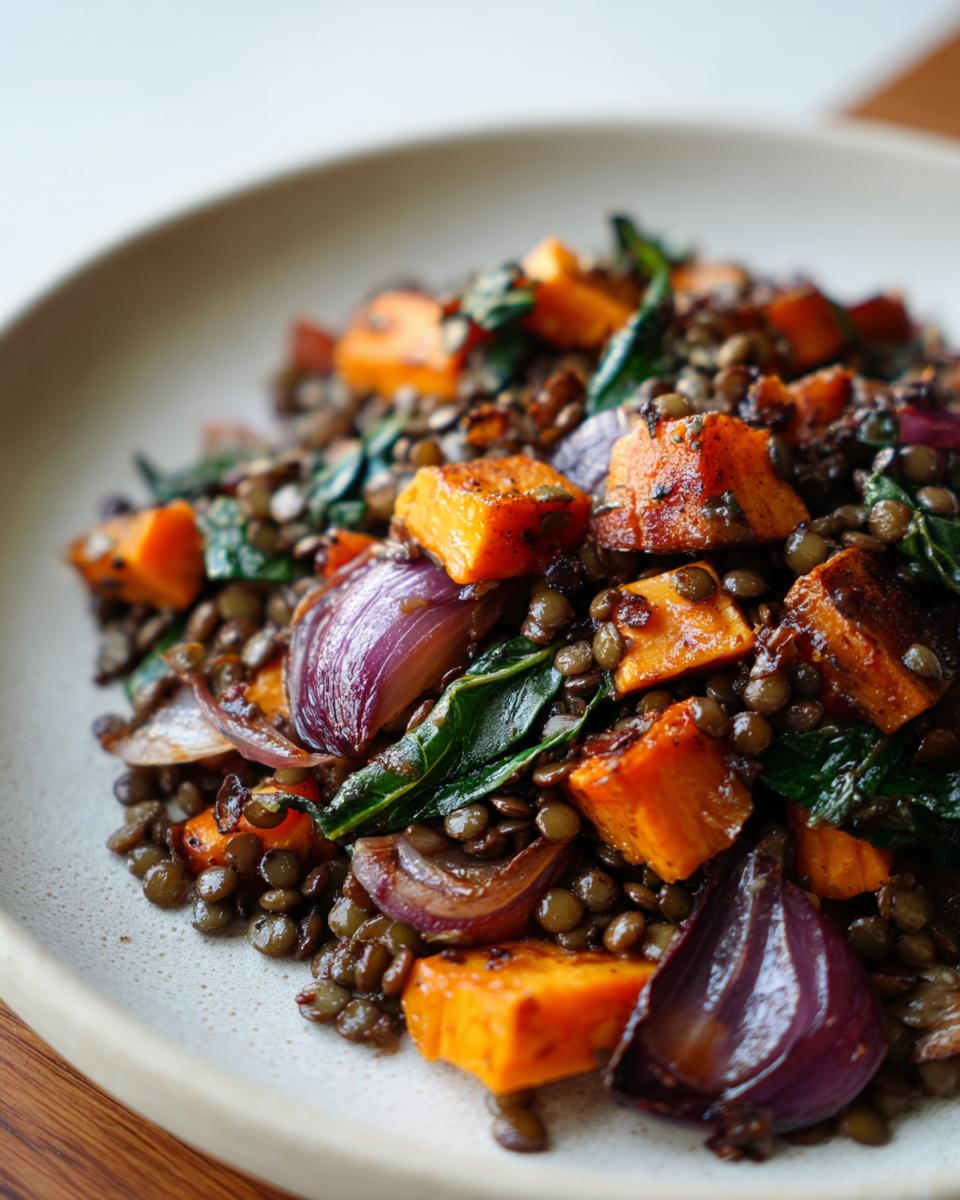 Close-up of a warm veggie lentil salad featuring brown lentils, roasted orange sweet potato chunks, and caramelized red onion wedges.