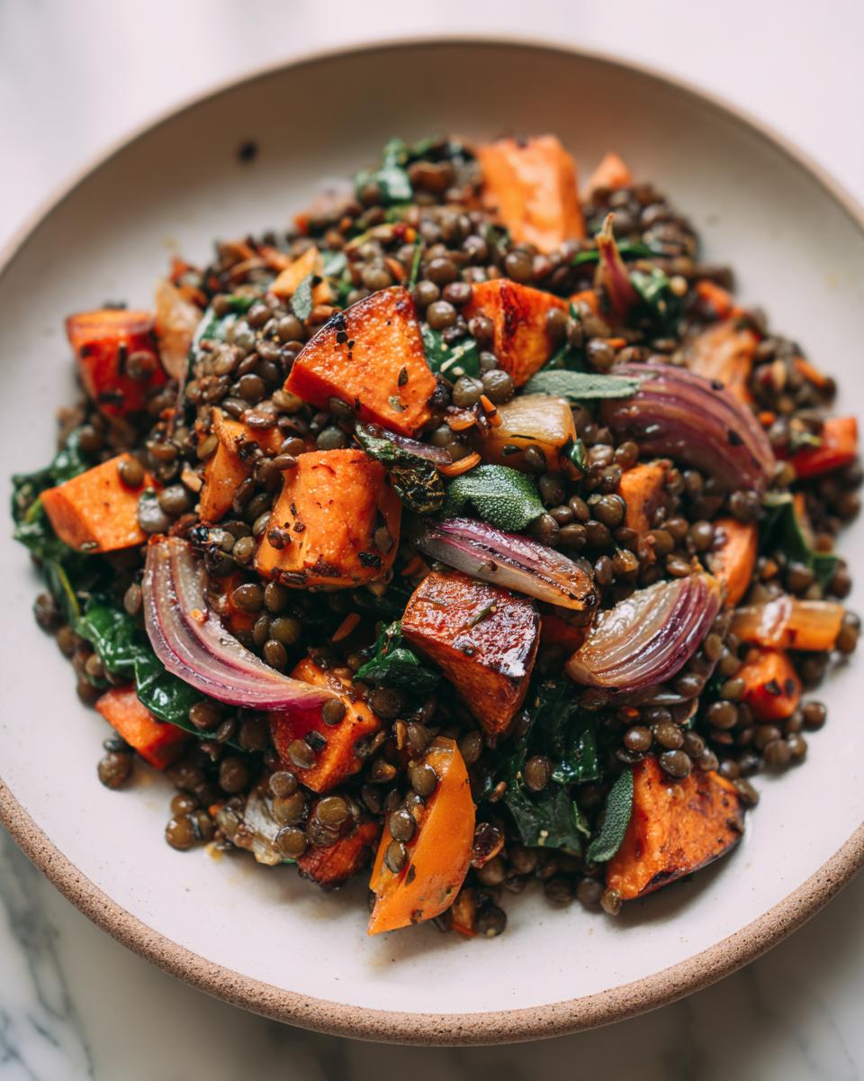 Close-up of a warm veggie lentil salad featuring roasted sweet potatoes, red onion wedges, and dark greens.