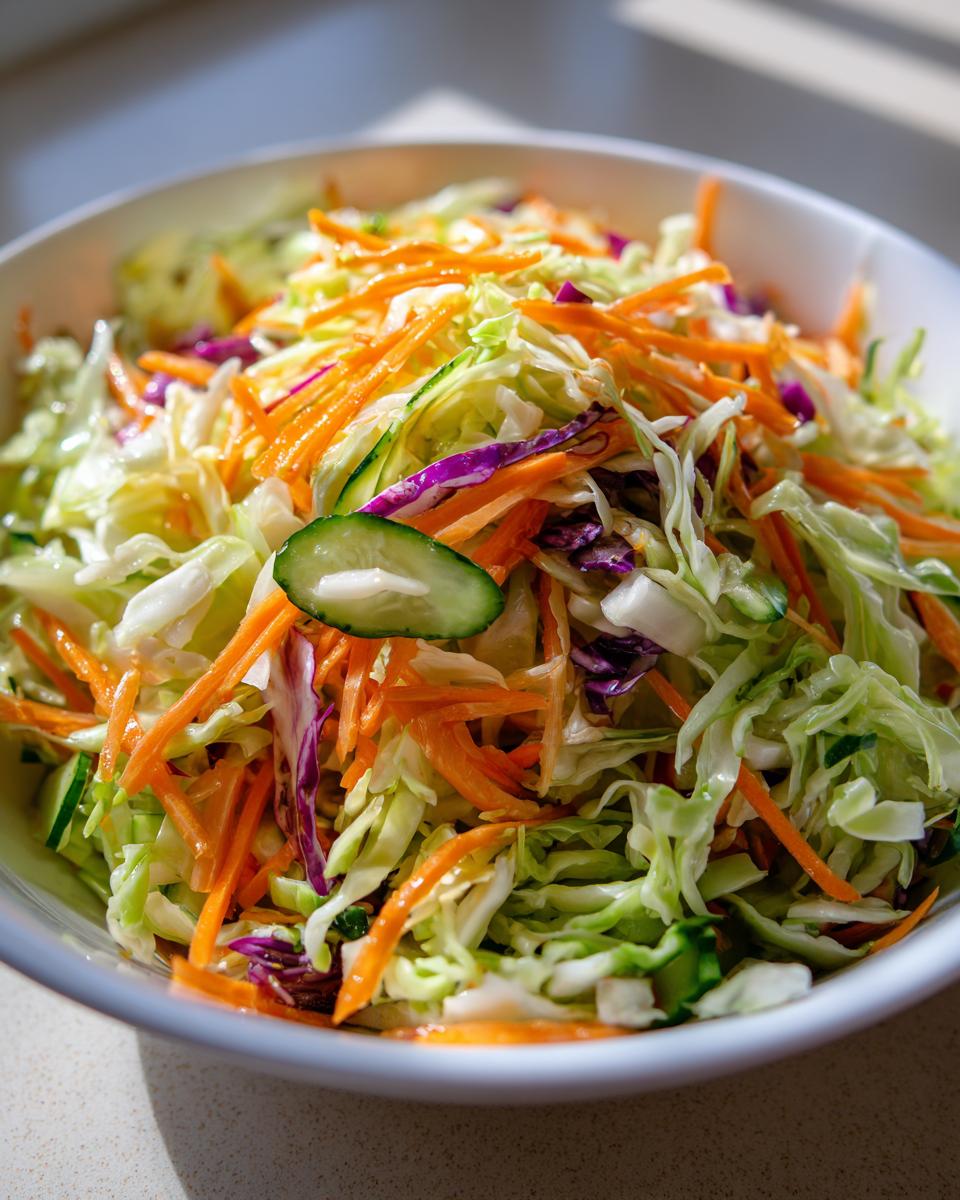 Close-up of a vibrant, freshly made cabbage salad featuring shredded green cabbage, purple cabbage, carrots, and a slice of cucumber.