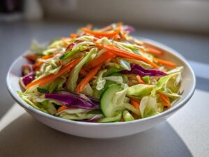 Close-up of a white bowl filled with colorful cabbage salad, featuring shredded carrots, green cabbage, and purple cabbage.