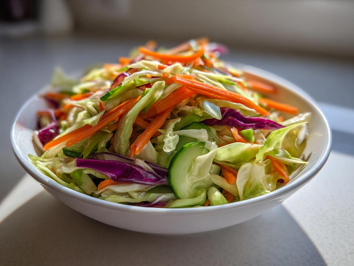 Close-up of a white bowl filled with colorful cabbage salad, featuring shredded carrots, green cabbage, and purple cabbage.