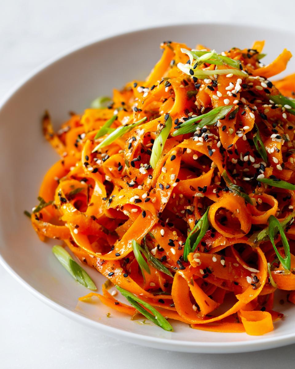 Close-up of a vibrant raw carrot salad made with shaved carrot ribbons, topped with black and white sesame seeds and green onions.