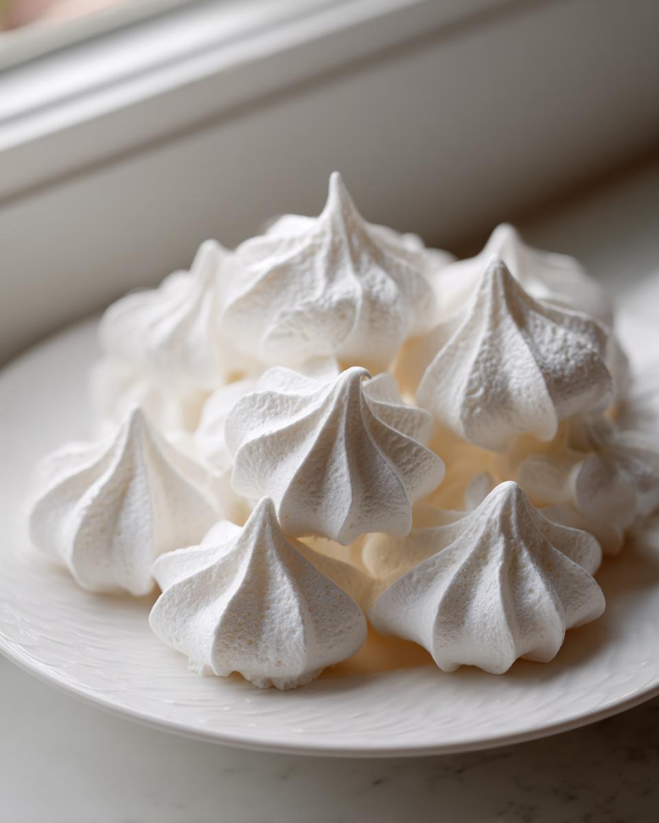 A pile of bright white, perfectly piped meringue cookies with sharp peaks resting on a white textured plate.