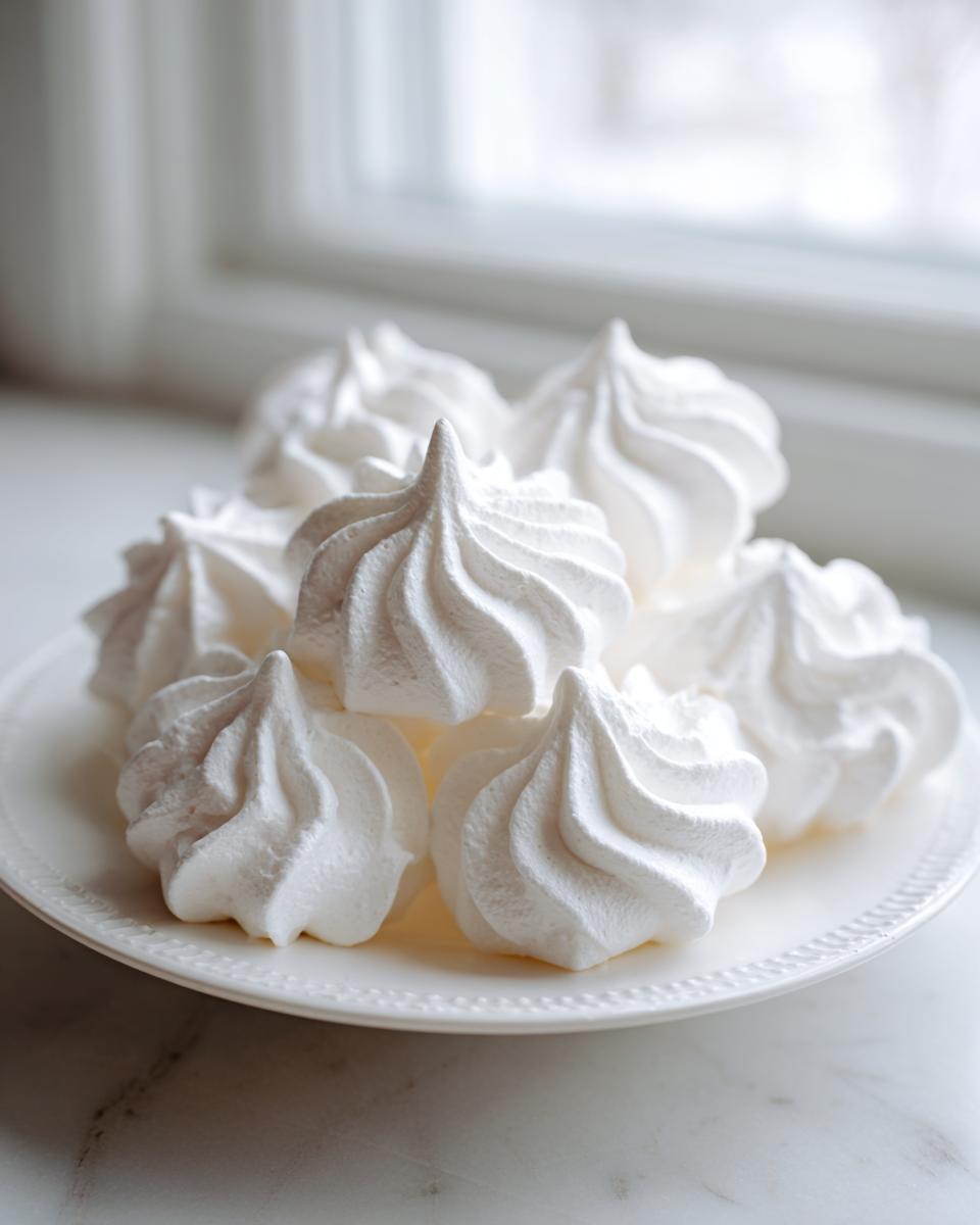 A close-up of several perfectly piped, bright white meringue cookies stacked on a white plate near a window.