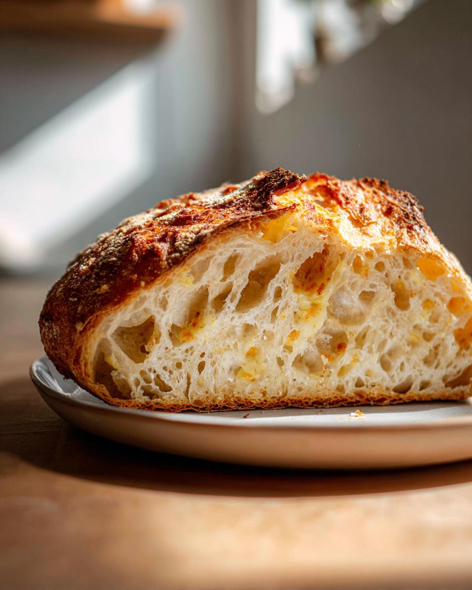 Close-up of a slice of artisan bread showing an open, airy crumb structure and a dark, crispy crust.