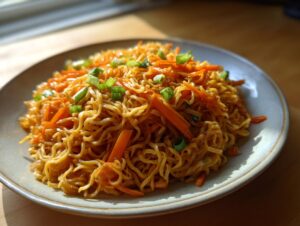 A plate of delicious, saucy fried noodles mixed with shredded carrots and topped with fresh green onions.