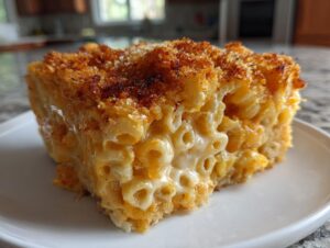 A close-up of a thick, cheesy slice from the baked mac and cheese recipe with a golden, crispy breadcrumb topping.