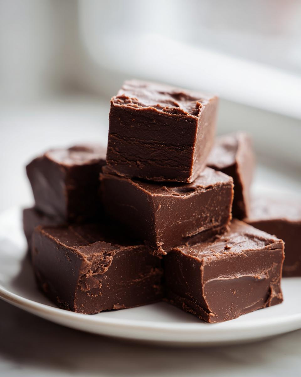 A close-up stack of rich, dark chocolate fudge squares resting on a white plate.