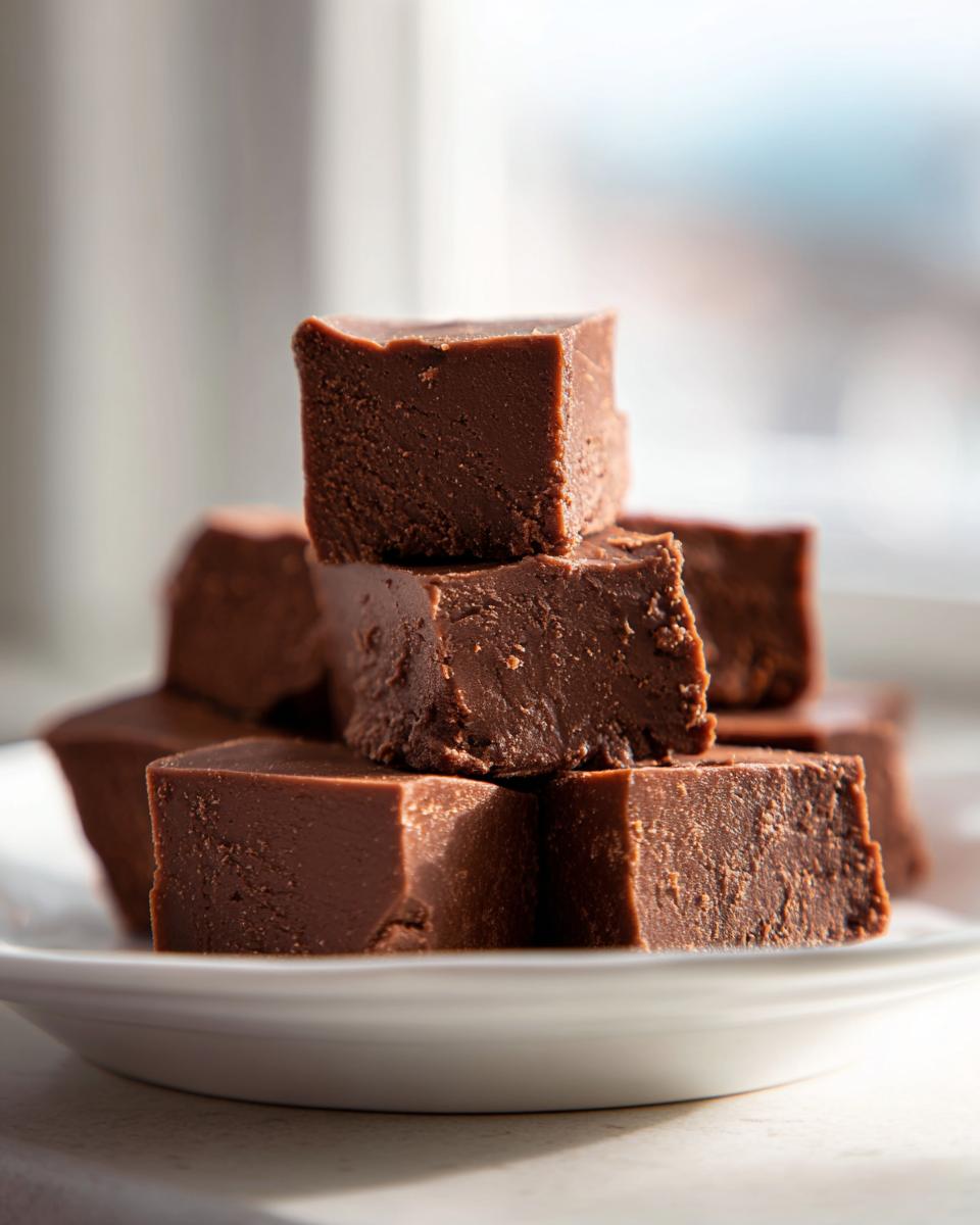 A close-up stack of rich, dark chocolate fudge squares resting on a white plate.