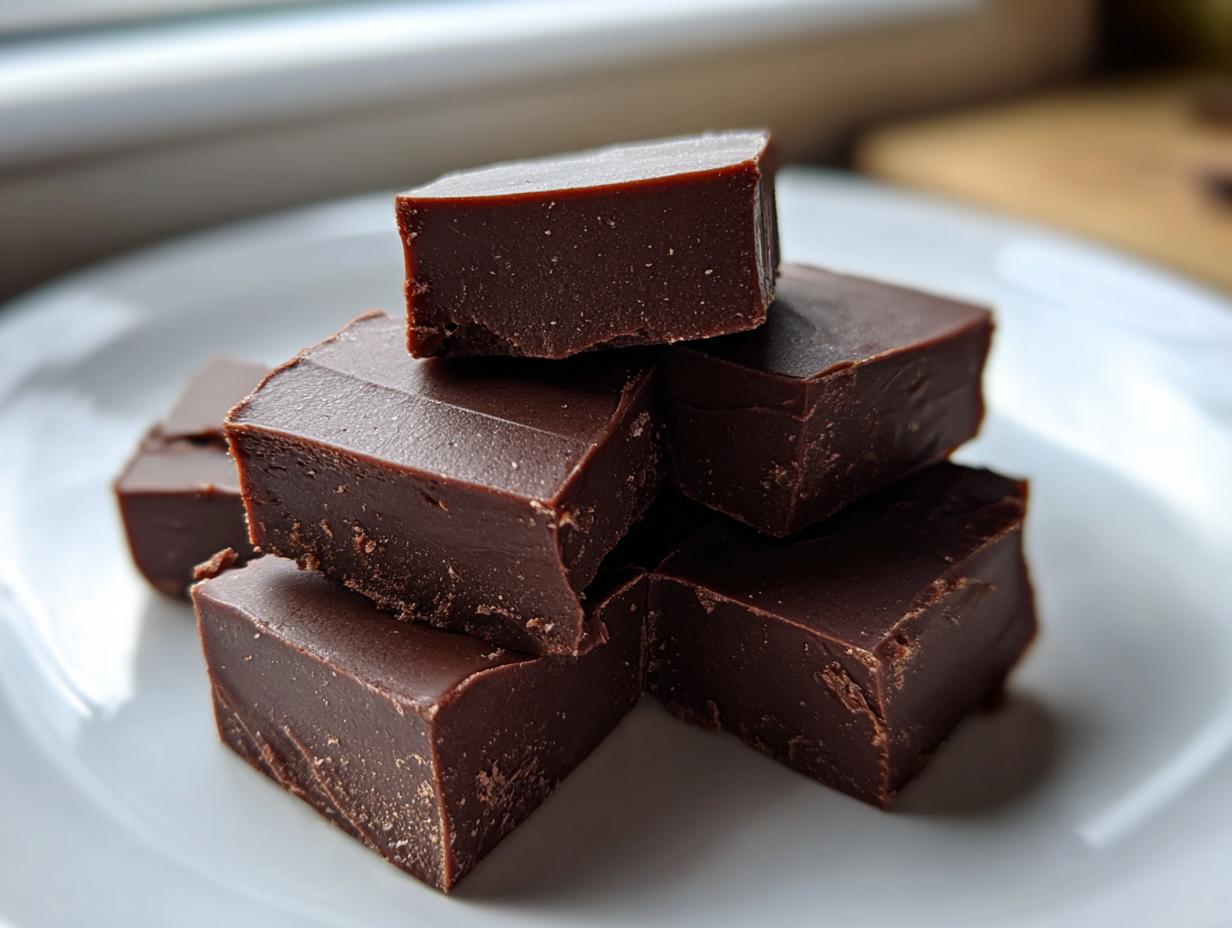 A stack of rich, dark chocolate fudge squares piled on a white plate, ready to eat.
