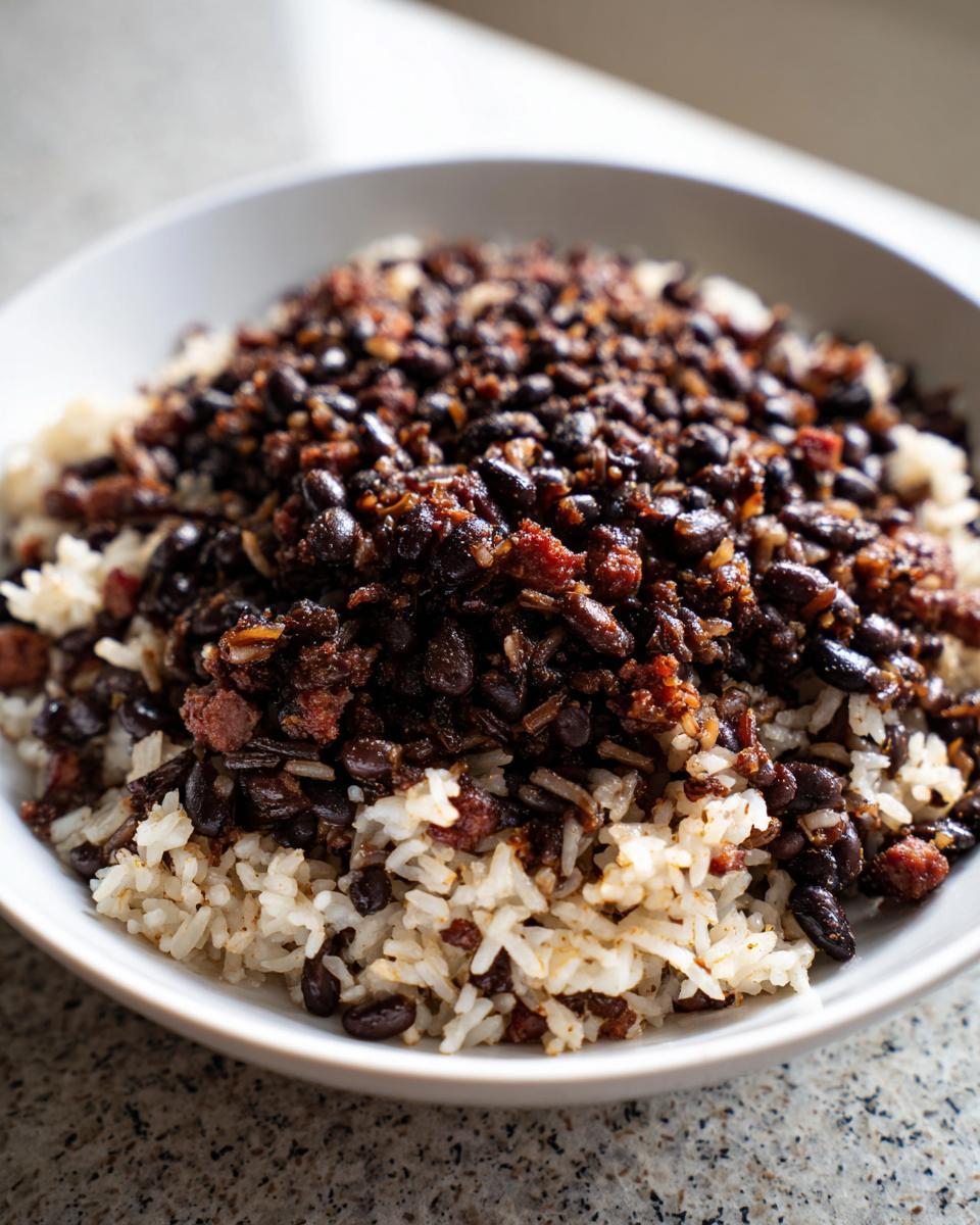 Close-up of a white bowl filled with white rice topped generously with seasoned black beans and small pieces of meat.