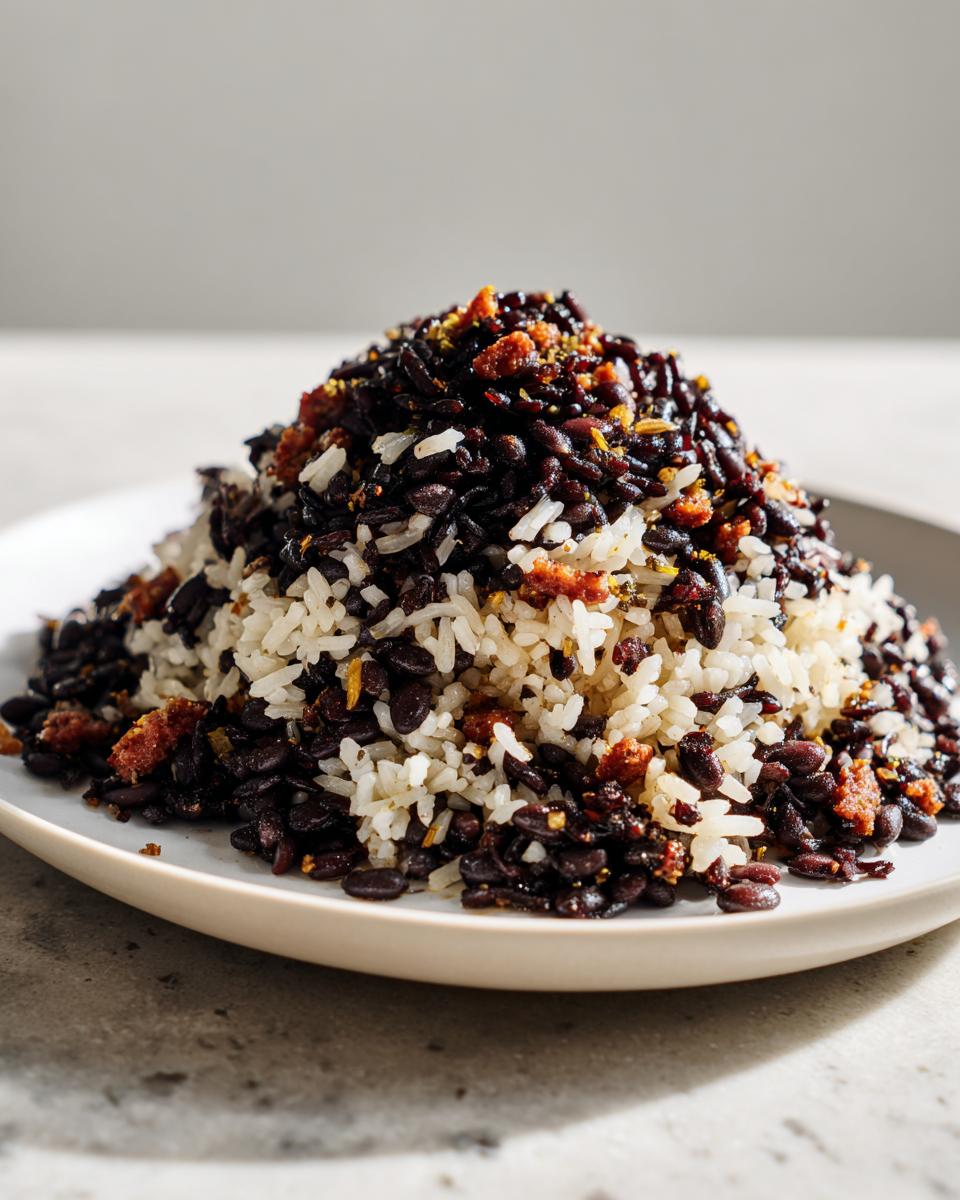 A close-up of a generous mound of fluffy white rice mixed with rich black beans and savory toppings, ready to serve for black beans and rice.