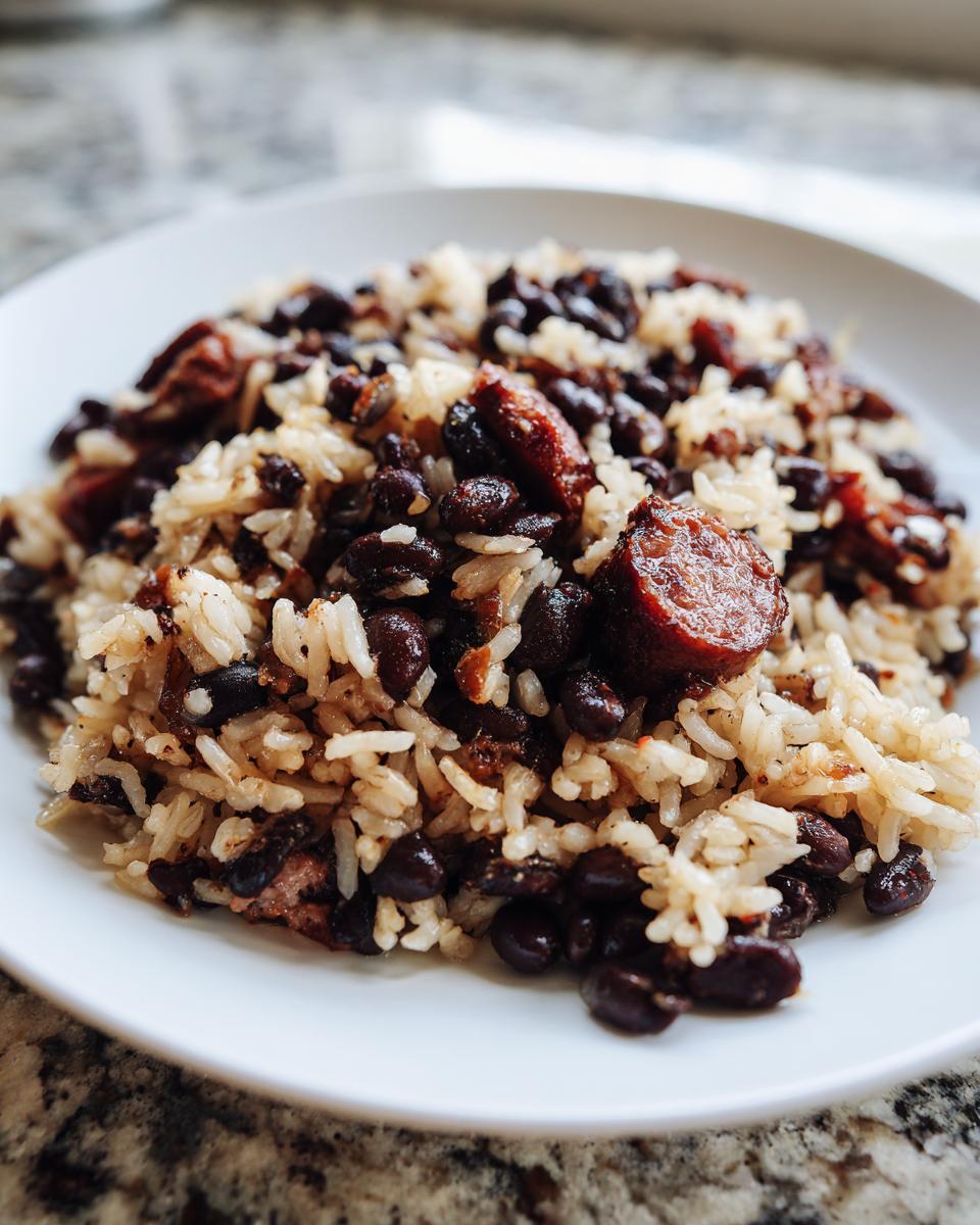 Close-up of a plate of savory black beans and rice mixed with slices of smoked sausage.