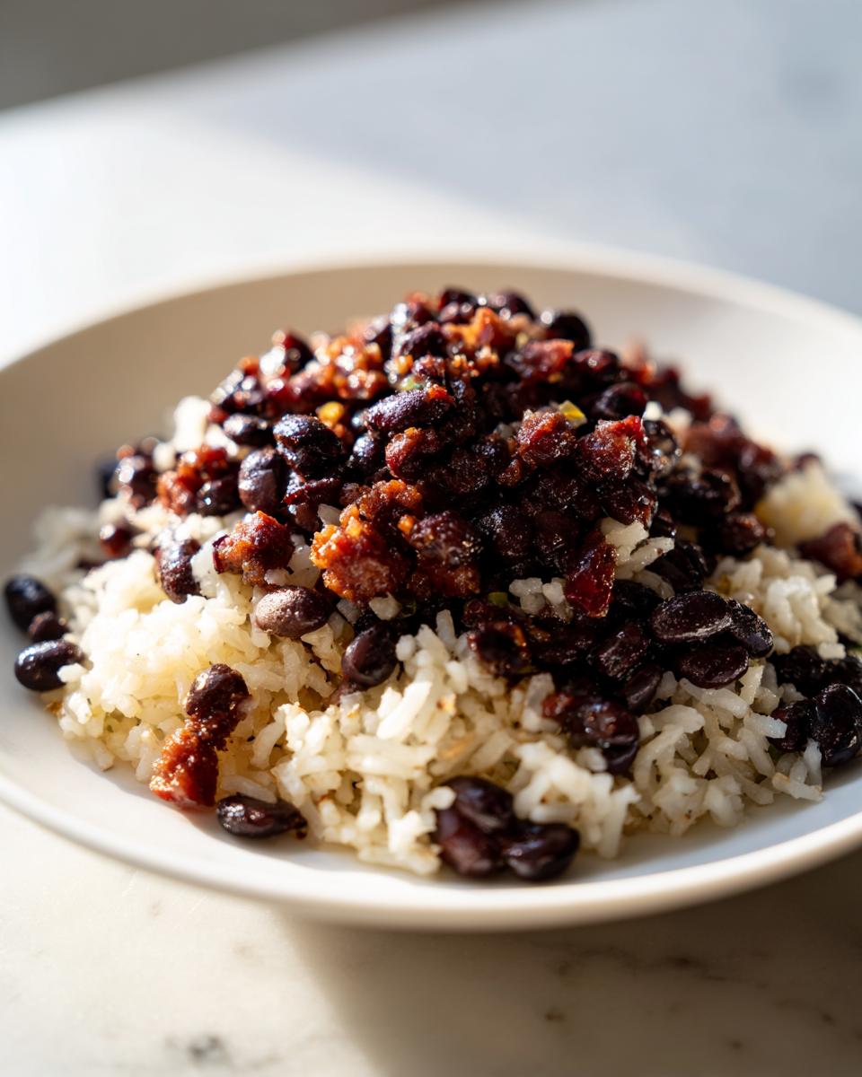 A close-up of a serving of white rice topped generously with seasoned black beans and rice mixture.