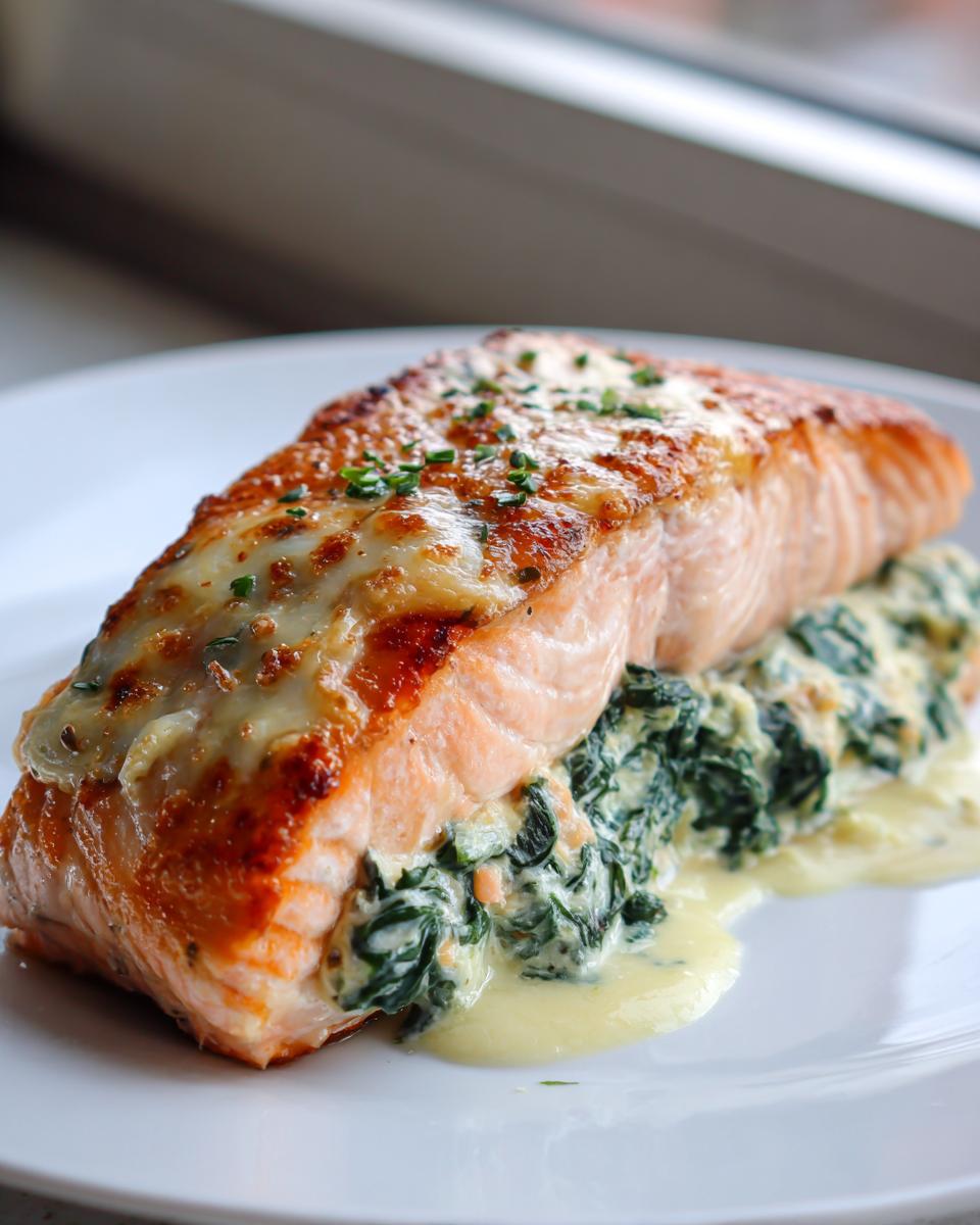 A close-up of a perfectly cooked stuffed salmon fillet resting on a bed of creamy spinach filling on a white plate.