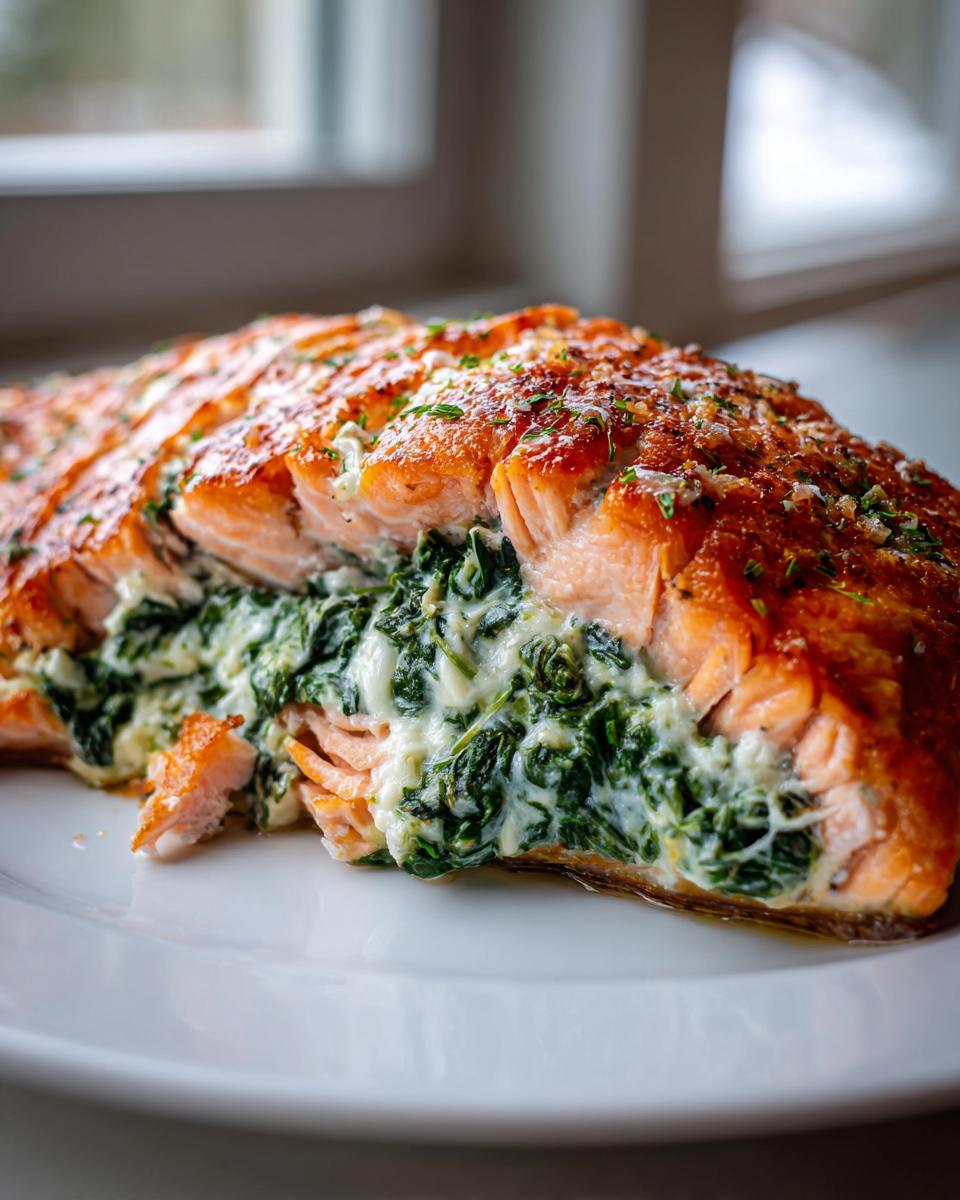 A cross-section view of perfectly cooked stuffed salmon, revealing a creamy spinach filling inside this delicious stuffed salmon.