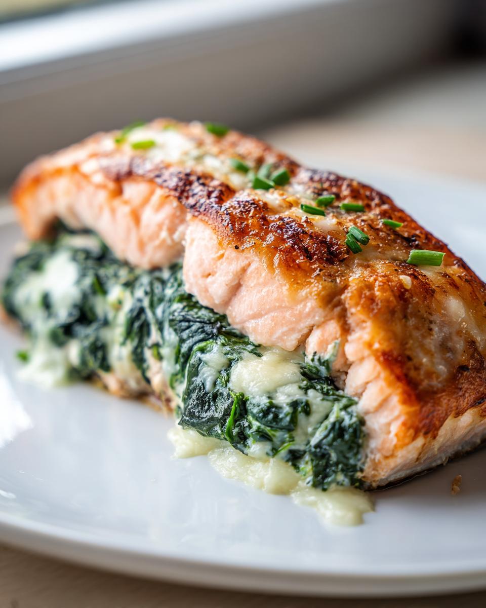 Close-up of a perfectly seared stuffed salmon fillet overflowing with creamy spinach filling, garnished with chives.