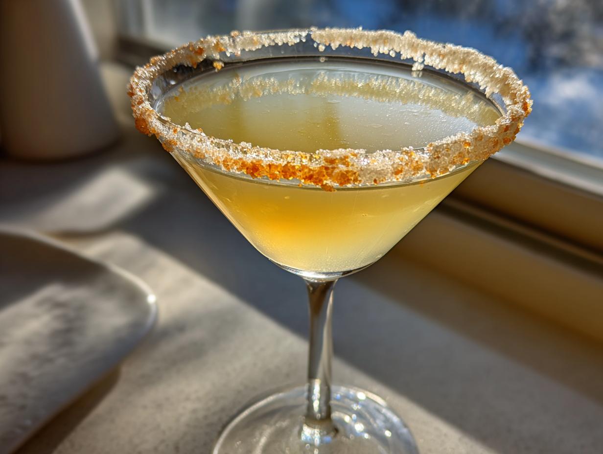 Close-up of a bright yellow lemon drop cocktail in a martini glass with a thick, sparkling sugar and citrus zest rim.