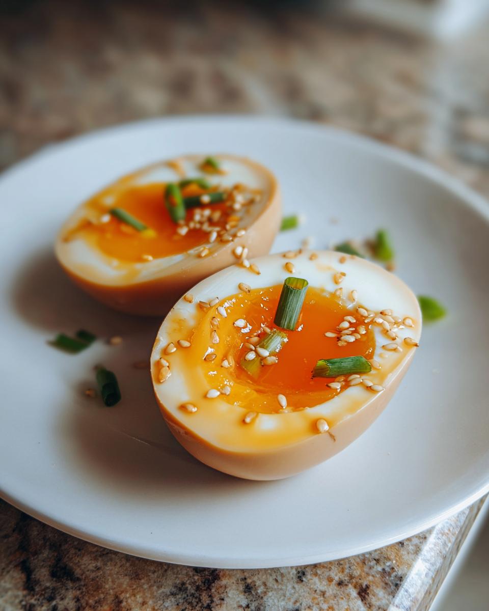 Two halves of soft-boiled marinated eggs with bright orange, jammy yolks, topped with sesame seeds and green onion.