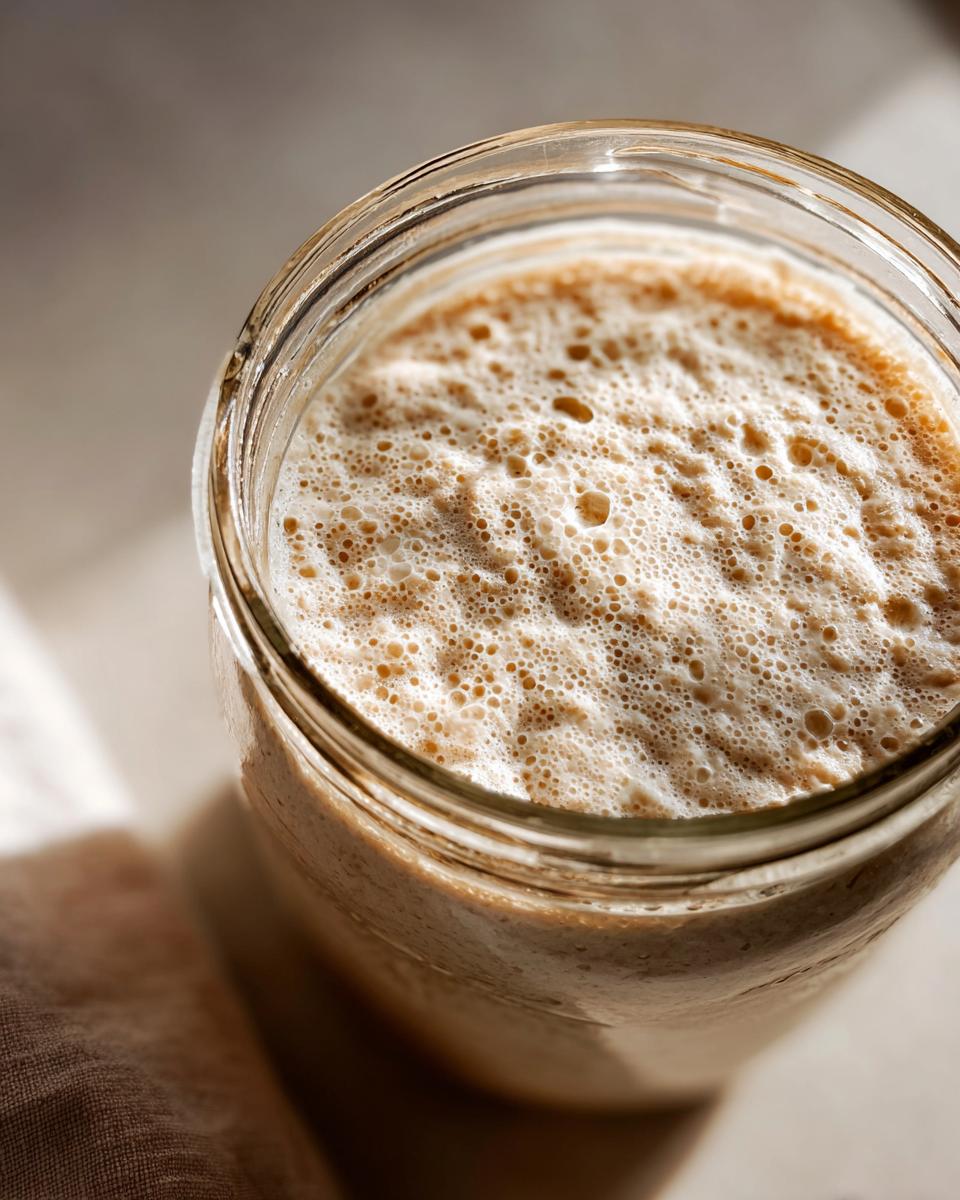 Overhead close-up of an active sourdough starter in a glass jar, showing a thick layer of light brown foam and bubbles.