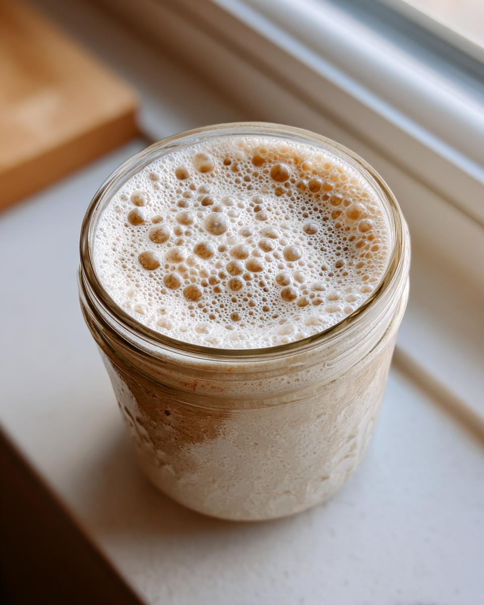 Overhead view of an active sourdough starter in a glass jar, showing a thick layer of foam and bubbles on top.