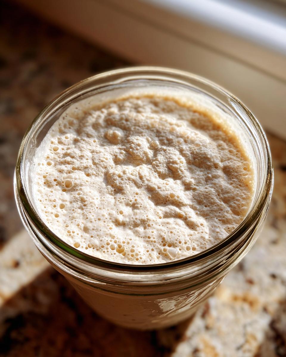 Overhead view of a bubbly, active sourdough starter filling a glass jar, indicating readiness.