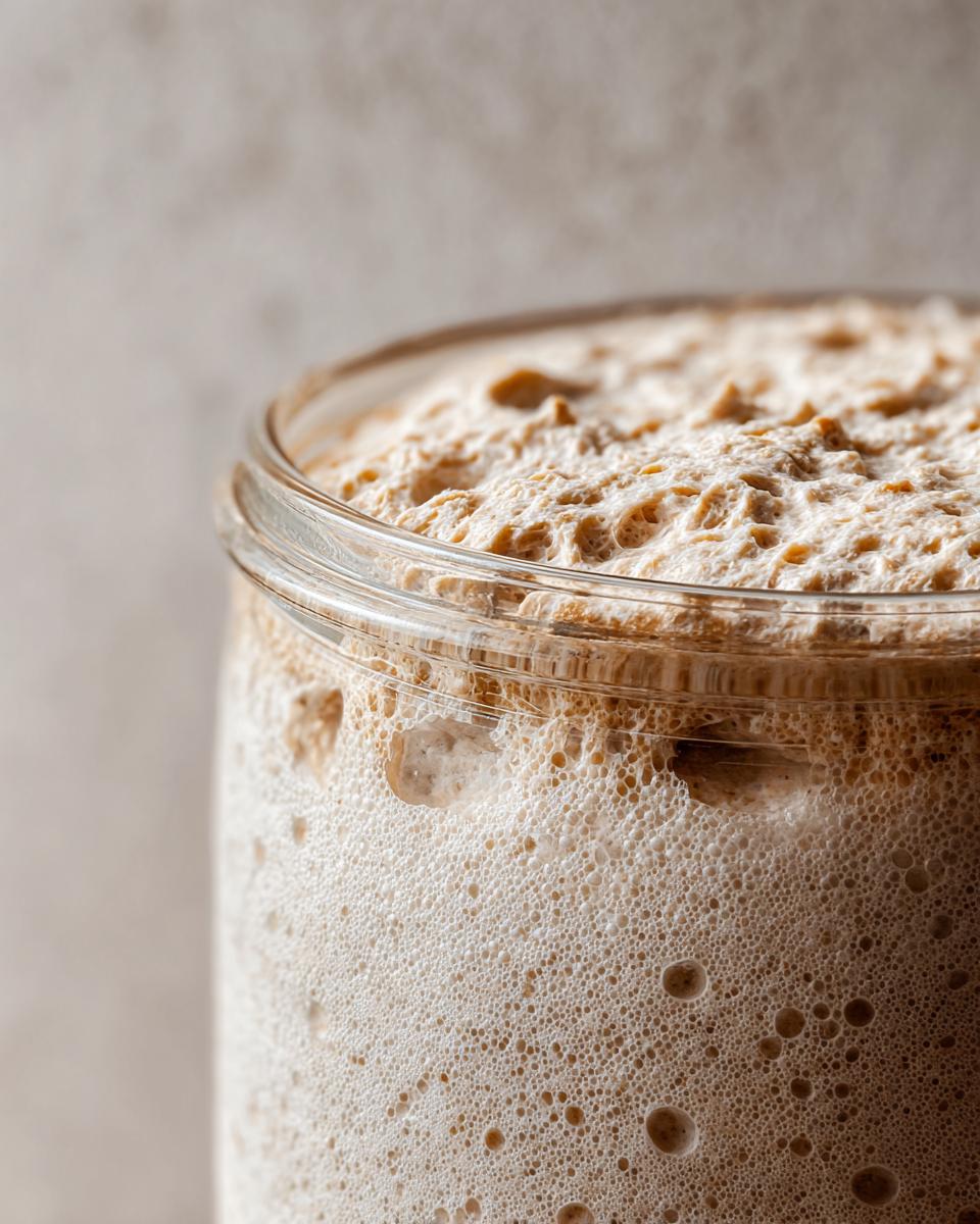 Close-up of a very active sourdough starter bubbling and overflowing the rim of a clear glass jar.