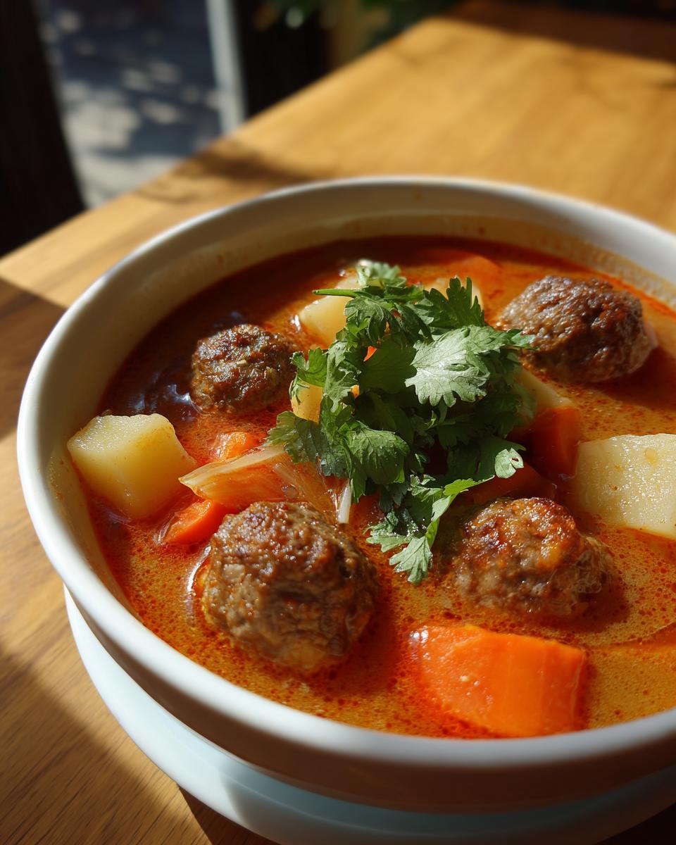 Close-up of a bowl of rich, red albondigas soup featuring meatballs, potatoes, carrots, and fresh cilantro garnish.