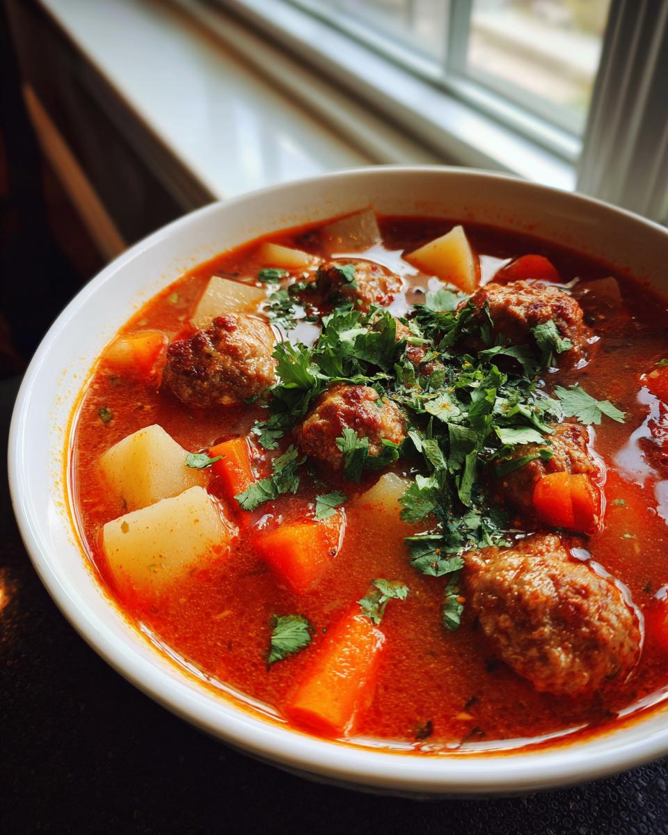 Close-up of a white bowl filled with rich, red albondigas soup featuring meatballs, potatoes, carrots, and fresh cilantro.