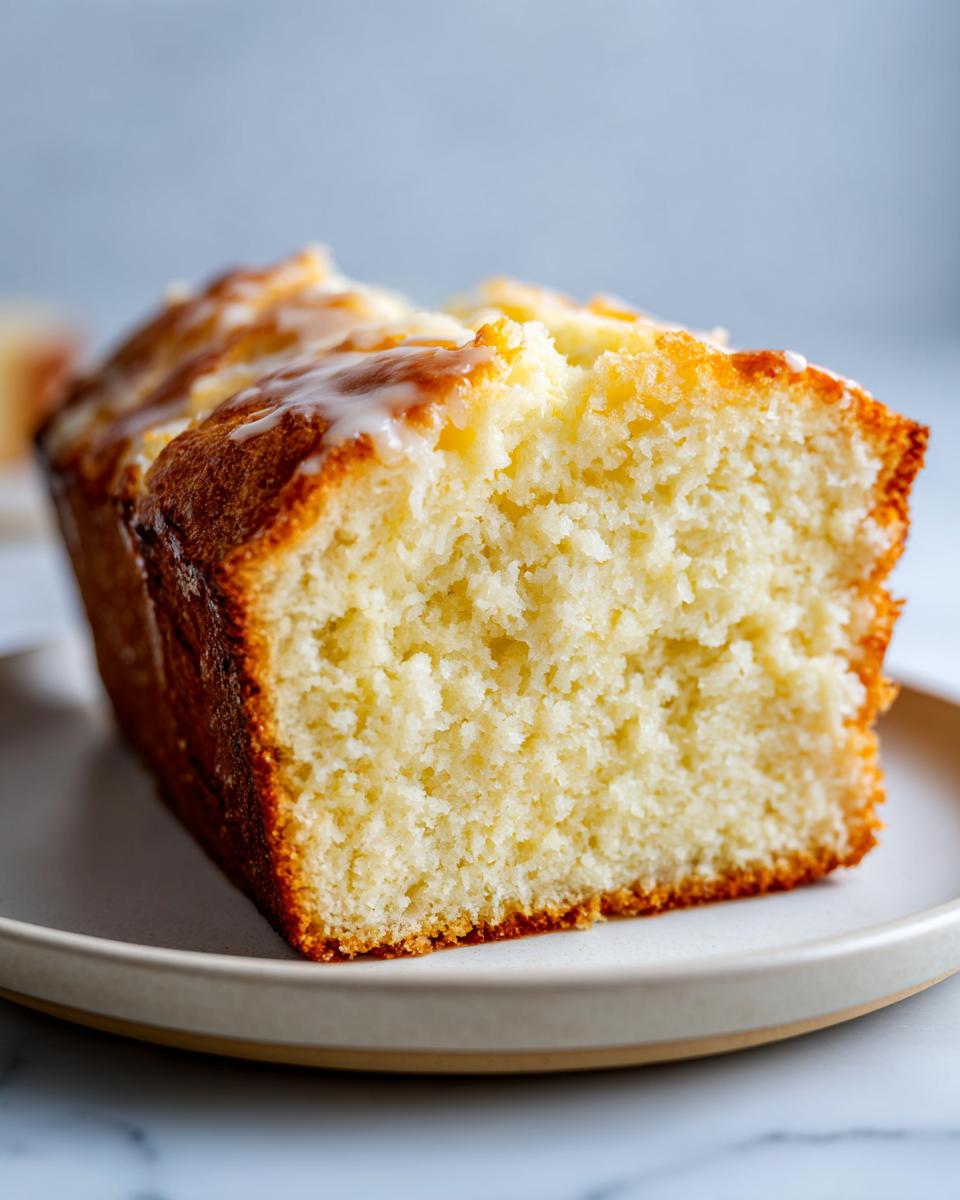 Close-up of a moist slice of 3 ingredient beer bread with a light glaze topping.