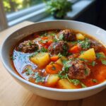 Close-up of a white bowl filled with rich, red broth albondigas soup, featuring meatballs, potatoes, and carrots, garnished with cilantro.
