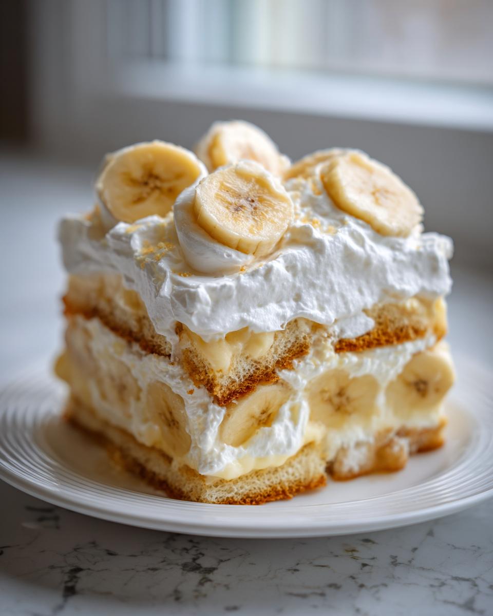 A layered slice of amazing banana pudding featuring vanilla wafers, custard, bananas, and whipped cream topping.
