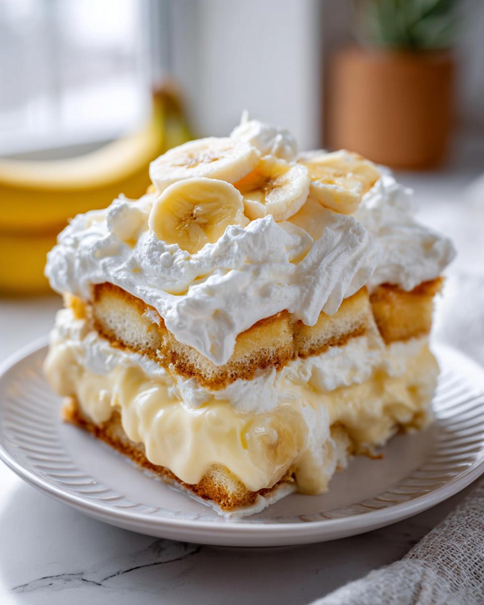 A decadent slice of banana pudding layered with vanilla wafers, creamy custard, and topped with whipped cream and fresh banana slices.