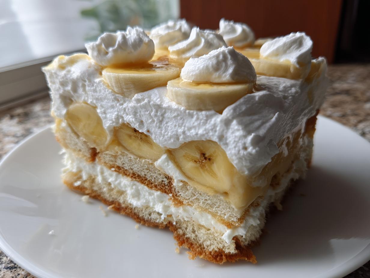 A generous slice of amazing banana pudding featuring layers of cake, creamy filling, sliced bananas, and topped with whipped cream dollops.