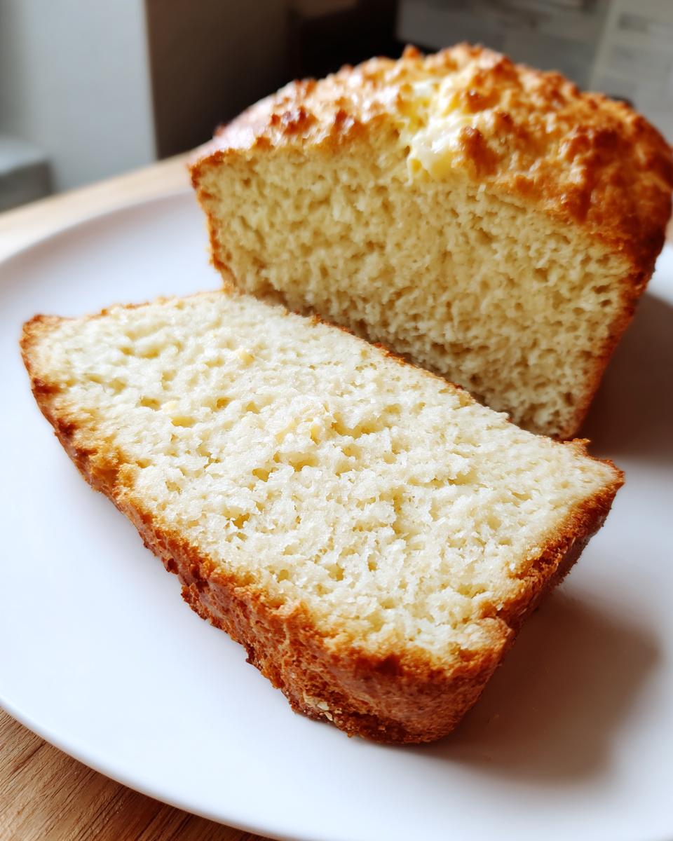 A close-up of a thick slice of golden brown beer bread next to the rest of the loaf on a white plate.