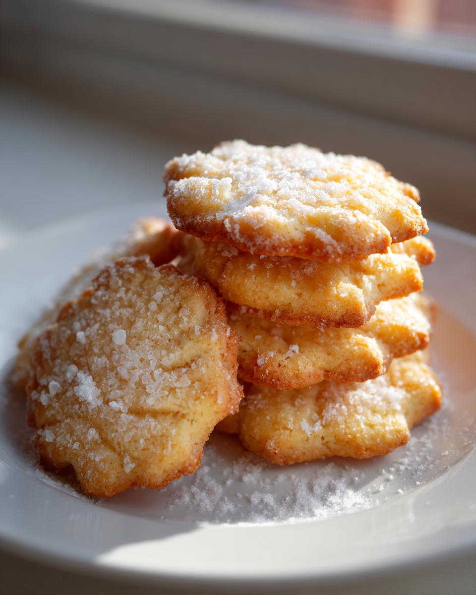 A stack of golden, flower-shaped butter cookies generously dusted with coarse sugar crystals.
