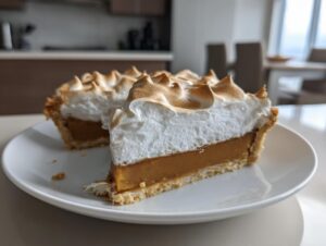 A thick slice of amazing butterscotch pie featuring a golden filling and tall, toasted meringue topping, served on a white plate.