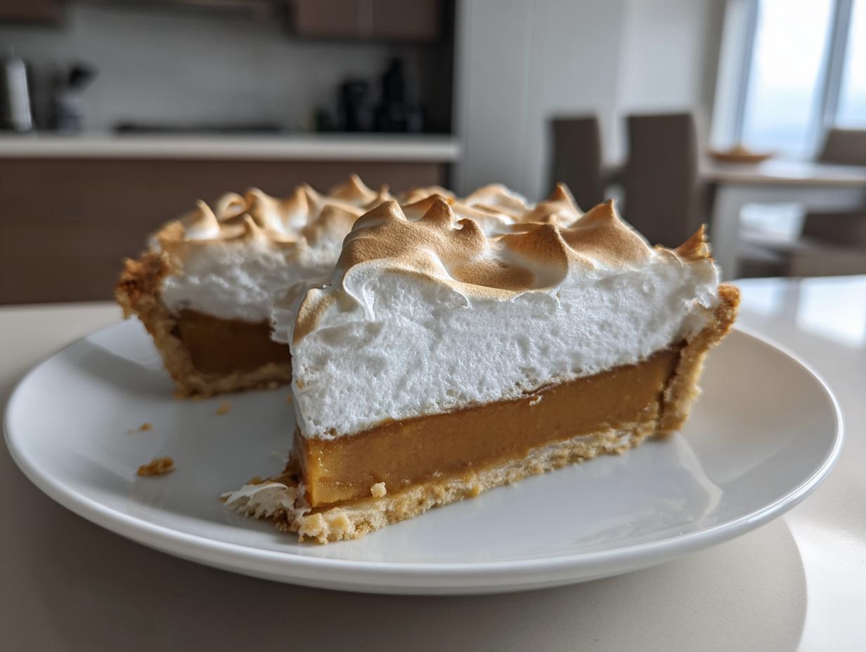 A thick slice of amazing butterscotch pie featuring a golden filling and tall, toasted meringue topping, served on a white plate.