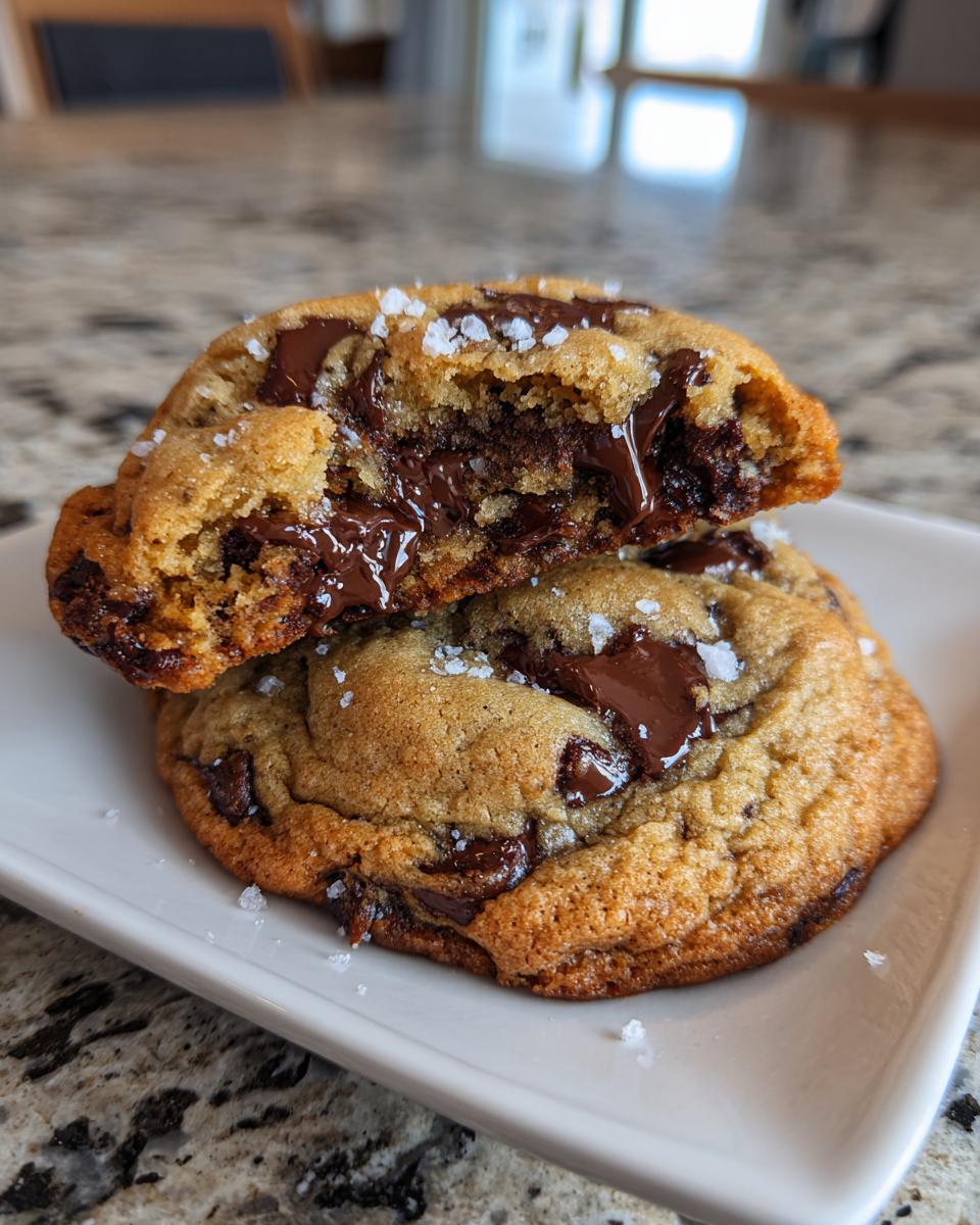 Close-up of a gooey, thick chocolate chip cookie broken in half, showing melted chocolate and sea salt.