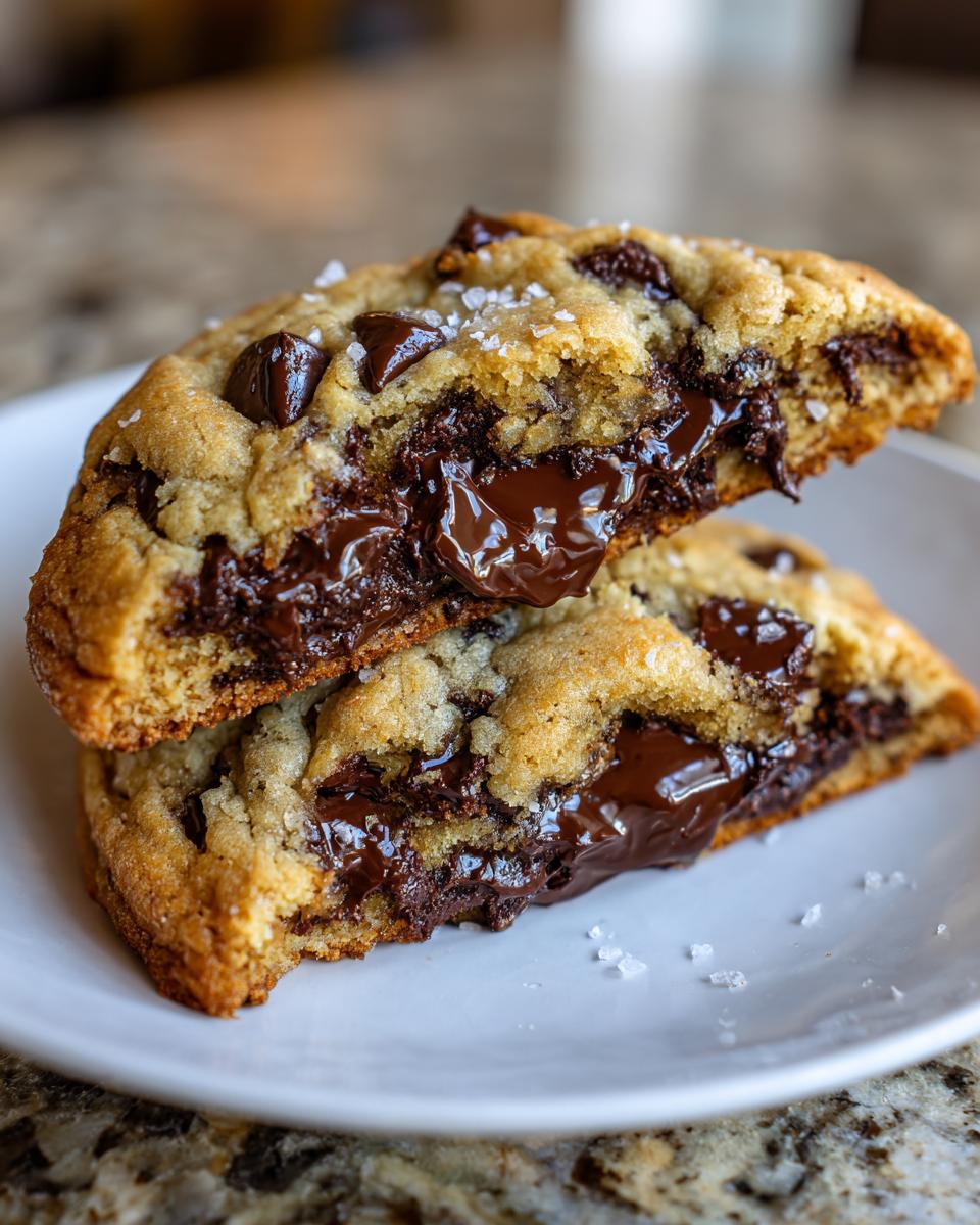 Close-up of a halved chocolate chip cookie showing gooey, melted chocolate chips and sea salt flakes.